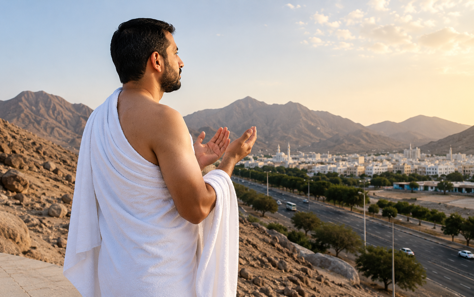 مشهد يرمز لمرحلة الإحرام ونية الحج