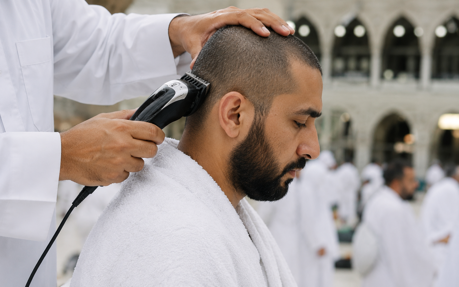 مشهد يرمز لحلق الشعر أو التقصير بعد العمرة